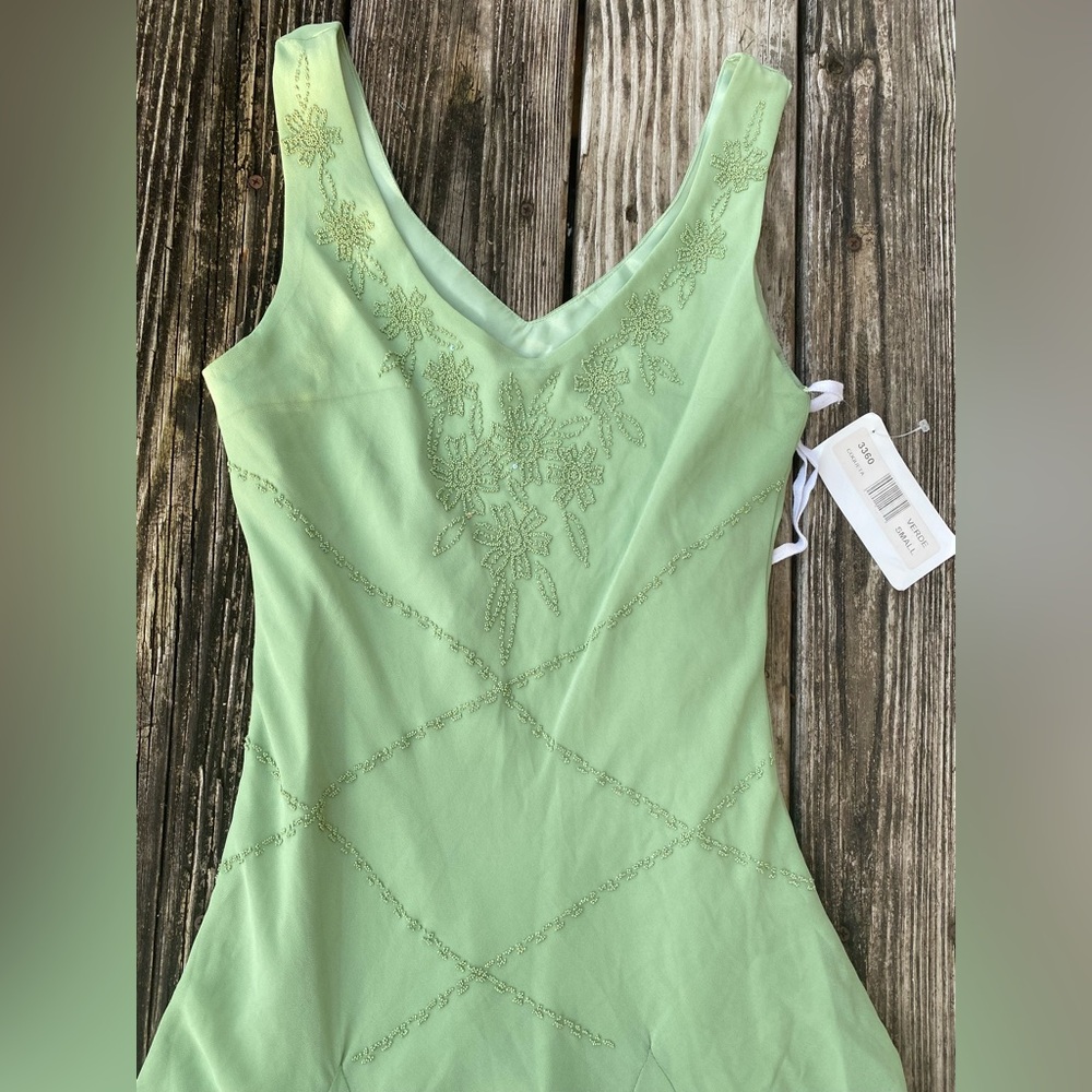 Vintage 90s/Y2K Green Beaded Fairycore Asymmetrical Dress NWTs Size Small - Picture 5 of 16